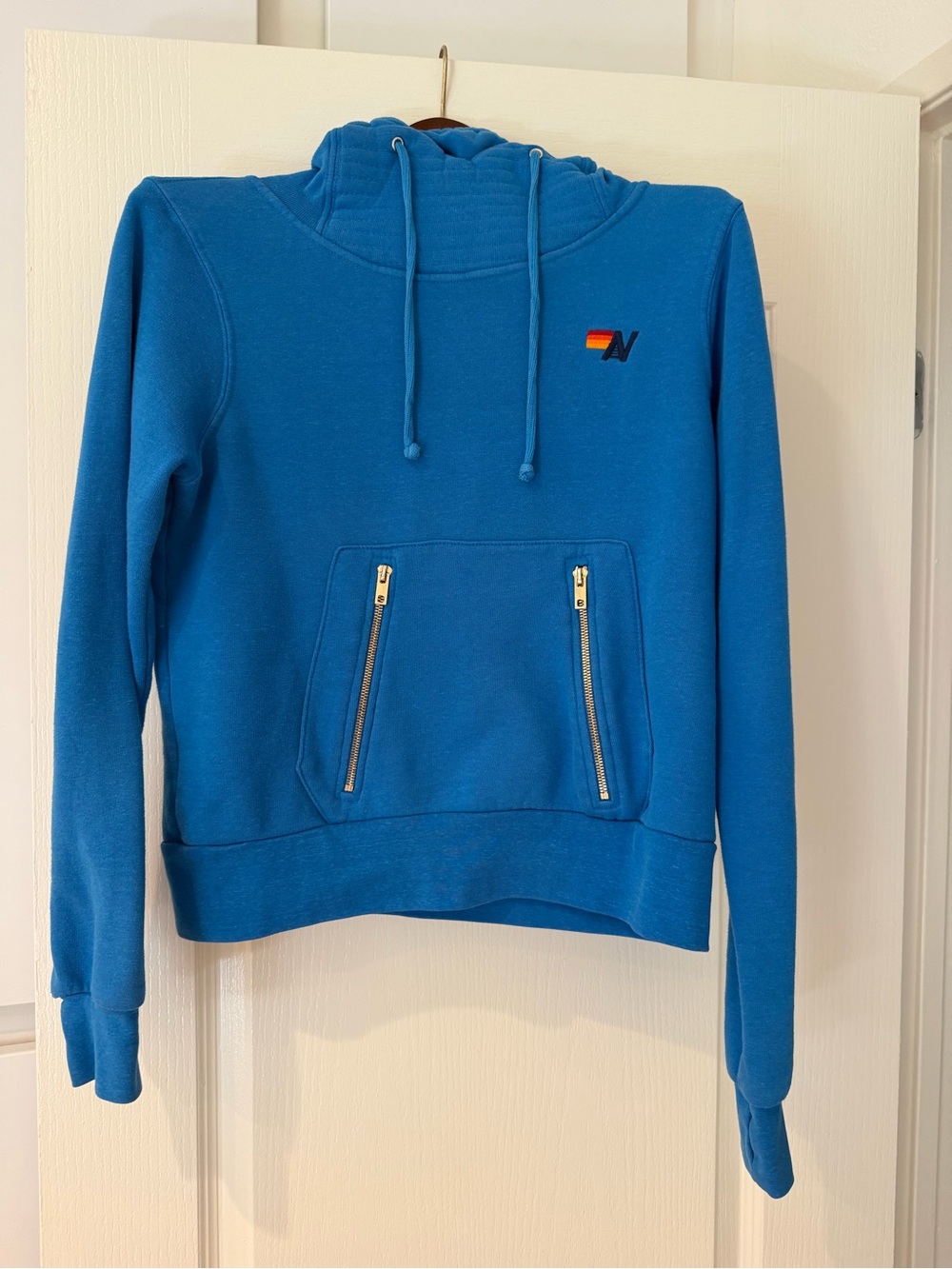 Aviator Nation Blue Pullover Hoodie Gold Zip Pockets